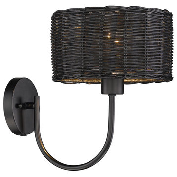 Golden Lighting Erma 1 Light Wall Sconce in Matte Black with Black Wicker Shade
