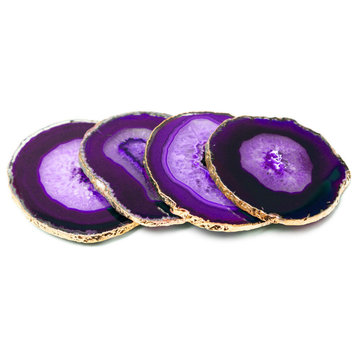 Modern Home Set of 4 Natural Agate Stone Coasters - Purple w/Gold Edge