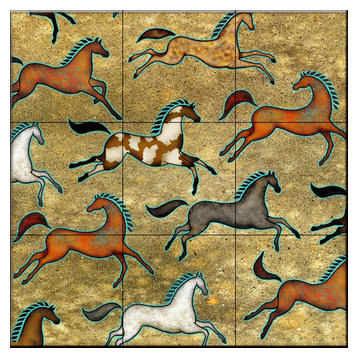 Dog and four horses C Reichert Tile Mural Kitchen Backsplash Art Marble Ceramic 