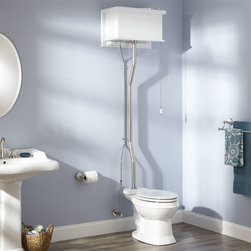 WHITE HIGH TANK PULL CHAIN WATER CLOSET WITH ELONGATED VICTORIAN BOWL - Toilets