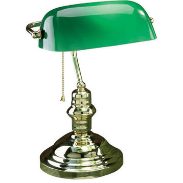 Banker Desk Lamp, Polished Brass/Green Glass