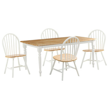 Farmhouse Dining Set, Table & Contoured Chairs With Spindle Back, White/Natural