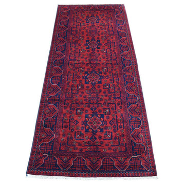 Afghan Khamyab Geometric Design Deep and Saturated Red Pure Wool Rug, 2'7"x6'5"