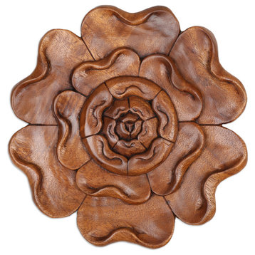 Novica Handmade Rafflesia Radiance Wood Relief Panel