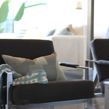 Pair of Milo Baughman Inspired Chairs in Blue and Chrome