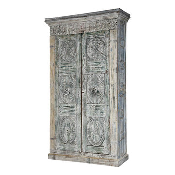 Elizabethan Handcarved Rustic Reclaimed Wood Large Grey Armoire Closet