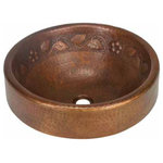 SoLuna - 17" Prescenio Copper Vessel Sink, Floral, Matte Copper - Copper is naturally antibacterial!  The  17" Prescenio Copper Vessel Sink - Floral by SoLuna is a hybrid of both the vessel and drop-in styles, or what we call a partially-recessed vessel sink. They feature a 3" high apron which rests above the counter or  mounting surface, while the bottom 4" of the sink basin is recessed into the surface. The Floral Vine Prescenio Vessel features a band of leaves and flowers along the interior of the basin. It is crafted from lead-free, hand-hammered 16 gauge copper by 3rd generation coppersmiths. Our sinks are TIG Copper Welded.