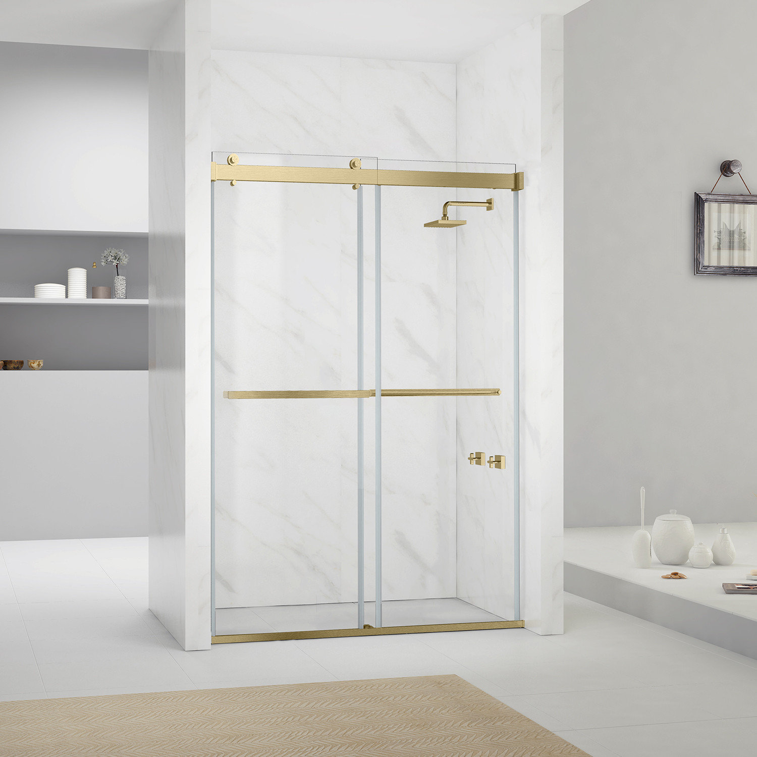 Spezia Double Sliding Frameless Shower Door, Brushed Gold, 60" W X 76" H