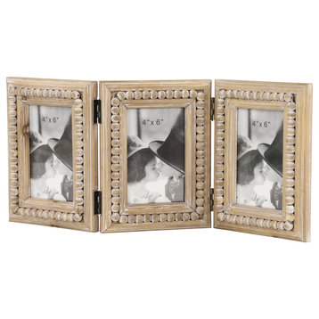 Natural Wood 3-Photo Folding Picture Frame w/ Wood Bead Detail