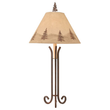 Tall Rust Iron 3-Footed Table Lamp With Pine Tree Shade