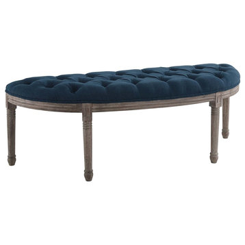 Esteem Vintage French Upholstered Fabric Semi-Circle Bench, Navy