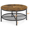 3 Pieces Coffee Table Set, Metal Frame With Round Top, Mesh Shelf, Rustic Brown