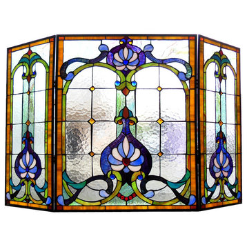 Chloe-Lighting Tiffany-Glass 3-Piece Folding Victorian Fireplace Screen
