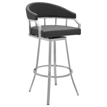 Palmdale Swivel Faux Leather Stool, Gray/Brushed Stainless Steel, 30" Bar Height