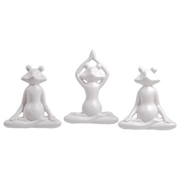 Ceramic Meditating Frog Figurine Matte White Finish, ASST of 3