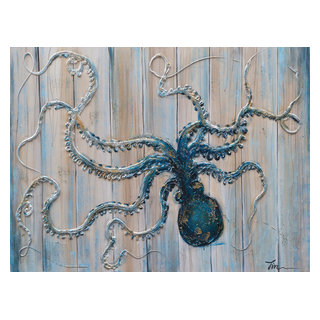 Pretty Blue Octopus Hand Painted Canvas Art, 30x40 - Beach