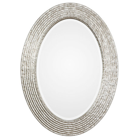 Elegant Silver Ribbed Organic Style Wall Mirror, Oval Twig Reeded Vanity Modern