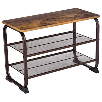 Benjara 11.8" Contemporary 3 Tier Wood Top Shoe Rack with Metal Base in Brown