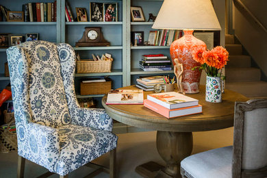 Mid-sized farmhouse open concept carpeted living room library photo in San Francisco with beige walls, no fireplace and no tv