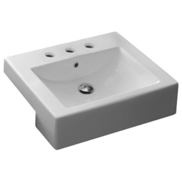 Square White Ceramic Semi-Recessed Sink, Three Hole