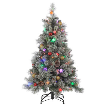 4.5Ft Pre-Lit Flocked Pine With Ornaments and G40 Multi-Colored LED Glass Bulbs