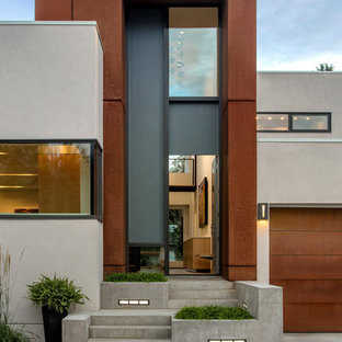 エドモントンの大きい片開きドアモダンスタイルのおしゃれな玄関ロビー (メタリックの壁、コンクリートの床、グレーのドア、グレーの床) の写真