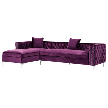 Jeannie Velvet Tufted With Nailhead Trim Sectional, Purple, Left Facing Chaise