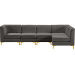 Meridian Furniture - Alina Velvet Modular L-Shaped Modular Sectional, Grey, 5-Piece: 3 Armless Chair, 2 Corner Chair - Bring modern beauty to your space with the addition of this Alina Velvet Modular sectional. This beautiful sectional features deep channel tufting to ramp up its visual interest and add to its resilient demeanor. Its soft grey velvet upholstery blends nicely with existing elements in your room and is sleek to the touch, making this seat a super comfortable one. Part of the modular Alina collection, this sectional has a latch that attaches it to other pieces to create your custom seating arrangement.