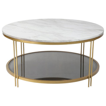Modern Coffee Table, Elegant Golden Frame With Faux Marble Top & Glass Shelf