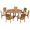 8-Piece Outdoor Teak Dining Set: 72" Round Table, 7 Wave Stacking Arm Chairs