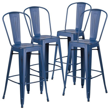 30" High Distressed Antique Blue Indoor/Outdoor Barstools With Back, Set of 4