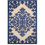 Nourison - Aloha Modern Trellis Medallion Indoor Outdoor Patio Rug, Navy, 3'x4' - A pretty and playful pattern of scrolling vines really turns on the charm when presented in navy-blue and beige. This high-low textured indoor/outdoor rug will bring fresh and fabulous flair to your patio, porch, or deck. Machine made of polypropylene for easy cleaning: simply hose-rinse and air dry.