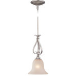 Vaxcel - Monrovia 8.75" Mini Pendant Brushed Nickel - The soft traditional lines of the Monrovia collection allow you to combine styles within your home without compromising on design. The brushed nickel finish and white frosted seeded glass add a certain level of sophistication and elegance that is rare to achieve. Update your look with a hint of class. This fixture is part of a full collection with coordinating pieces to decorate any room in the house. Install this mini pendant individually or in a group; ideal for kitchens, dining areas, or bar areas.