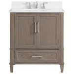 Bemma - Montauk 30" Bathroom Vanity, Light Oak With White Granite, 30" - Montauk's solid wood chamfered legs and framed door fronts showcase an understated silhouette. Its driftwood inspired aged light oak finish is reminiscent of a rustic beach house while the Sherwin Williams Morning Fog Grey and Pure White painted finishes offer a more traditional look. Premium soft-close glides/hinges deliver effortless motion while dovetailed joints provide seamless joinery.  Detailed with brushed nickel accents and unassuming classic lines, the Montauk Bathroom Vanity is a sophisticated yet casual piece. (Faucet not included)