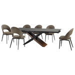 Armen Living - Milena Lucia 7 Piece Extendable Dining Set With Brown Fabric Chairs - Enjoy an intimate meal or host a dinner party with the Milena Lucia 7 Piece Extendable Dining Set with Fabric Chairs. This set includes 1 Milena extendable dining table and 6 Lucia swivel dining chairs. Beautifully minimalistic, our dining chair stands out with a refined and striking silhouette. A sleek cut-out and slender black metallic legs complete the modern and sophisticated appeal of the kitchen chair. It's ergonomically sculpted back delivers exceptional comfort, supporting you in just the right places. The back and seat are both generously padded to bring a dose of comfort to your formal and casual meals. Our dining room chair can also serve as a comfy seat in your home office or provide a comfortable spot to relax in your living room. The dining table chair also includes a 180 - degree swivel function allowing you to change directions and follow conversations with ultimate ease. It is upholstered in performance fabric for easy care and maintenance. With clean lines and dramatic construction, our long dining table serves as a stunning focal point. Its linear, rectangular tabletop is crafted from sintered shadow stone for a versatile and sophisticated appeal. A durable yet elegant alternative to quartz, this tabletop is resistant to etching, scratches, burns, and stains. It is perched upon a cross-shaped base to capture the eye. The chunky wooden leg is covered in walnut veneer, creating a visual contrast with the airy black wooden frame. Our chic and stylish dining table can easily extend to comfortably seat up to six to eight individuals. Serving as the perfect fit for your casual meals and garnished dinners, the table remains a stunning complement to your dining room or living space. It supports durable construction and easy-to-care materials to serve as a long-lasting addition to your home or apartment. The Milena Lucia dining set is available in 5 and 7 piece set configurations and features a shadow stone, walnut, and black wood veneer table and your choice of gray or brown upholstered swivel dining chairs.
