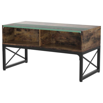 Coffee Table, 4 Open Shelves & Tempered Glass Top With LED Lights