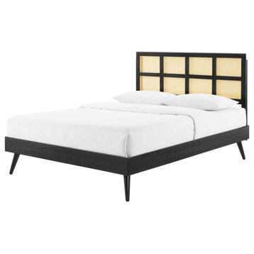 Platform Bed Frame, Queen Size, Wood, Black, Modern Mid-Century, Bedroom Master