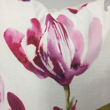 Watercolor Flowers and Bird Motif PIllow, Magenta, 18", Without Insert