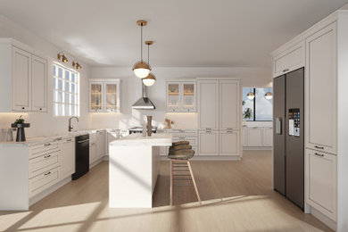 Design ideas for a modern kitchen in London with shaker cabinets, white cabinets, quartz worktops and white worktops.