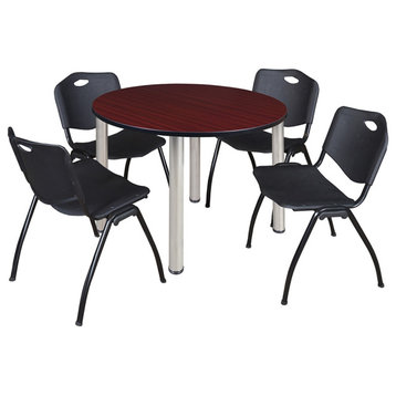 Kee 48" Round Breakroom Table- Mahogany/ Chrome & 4 'M' Stack Chairs- Black