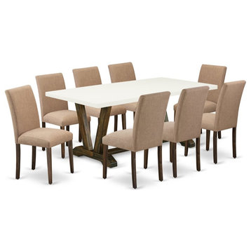 East West Furniture V-Style 9-piece Wood Dining Set in Brown/Light Sable