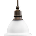 Progress Lighting - 1-Light Mini-Pendant, Antique Bronze - The Madison collection features etched glass with transitional elements. Simplified vintage style. One-light stem-hung mini-pendant with white etched glass