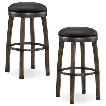 Set of 2 Backless Bar Stool, Hammered Ring Footrest and Black Faux Leather Seat