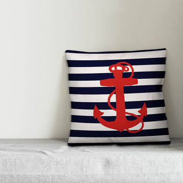 Navy Stripes Red Anchor 18x18 Throw Pillow