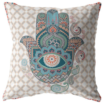 Hamsa Broadcloth Indoor Outdoor Blown and Closed Pillow Muted Blue on Orange