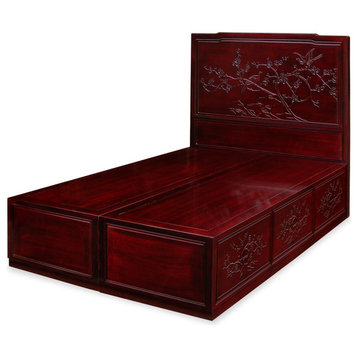 Dark Cherry Rosewood Flower  Bird Queen Size Oriental Platform Bed with Drawers