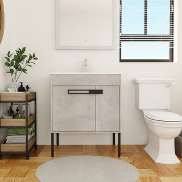 BNK 30 Inch Freestanding Bathroom Vanity With Sink, With Soft Close Doors, White Straight Grain