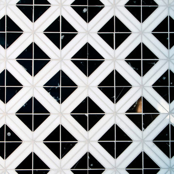 Triangle With Strip Marble Mosaic Tile, Black and Carrara White, 5 Sheets