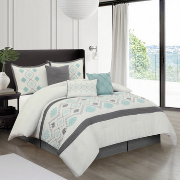 Tanira 7 Piece Comforter Set, White/Aqua, King