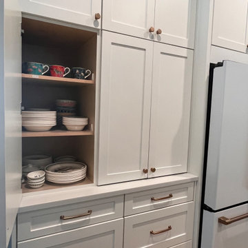 Wall pantry with dish cupboard and deep drawers